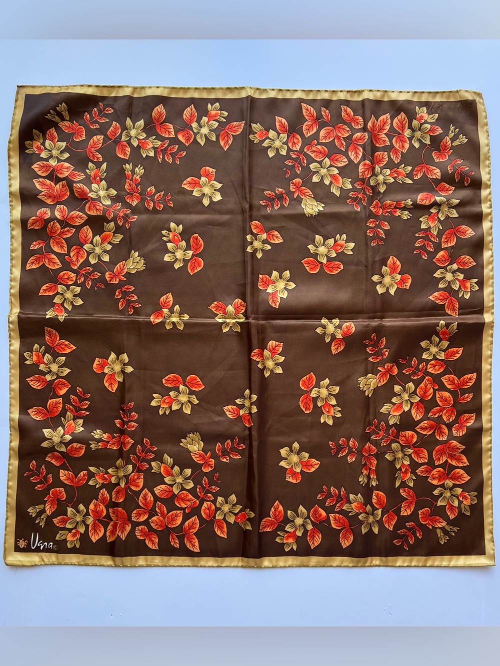 Vintage Vera Neumann Square Scarf in Brown with Orange & Gold Leaves 26” Square